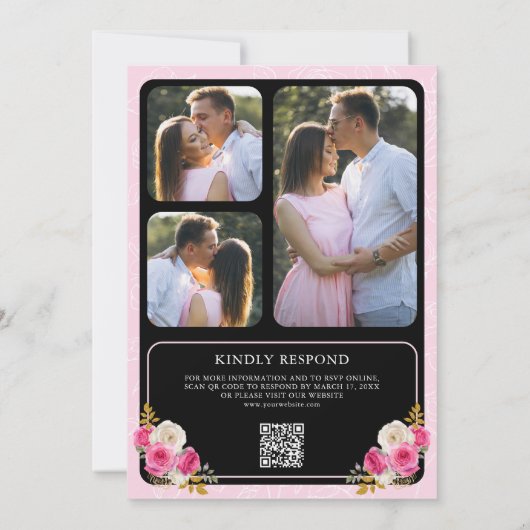 Fuchsia Pink Floral QR Code Schwarzes Wappen Hochz Einladung (Rückseite)