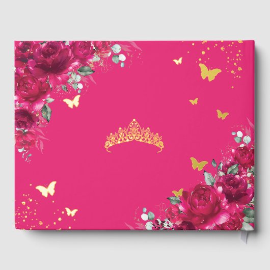 Fuchsia Pink Floral Quinceañera Quince 15 XV Gold Gästebuch (Rückseite)