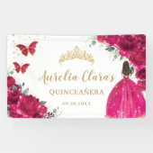 Fuchsia Pink Floral Quinceñera Herzlicher Empfang Banner (Horizontal)