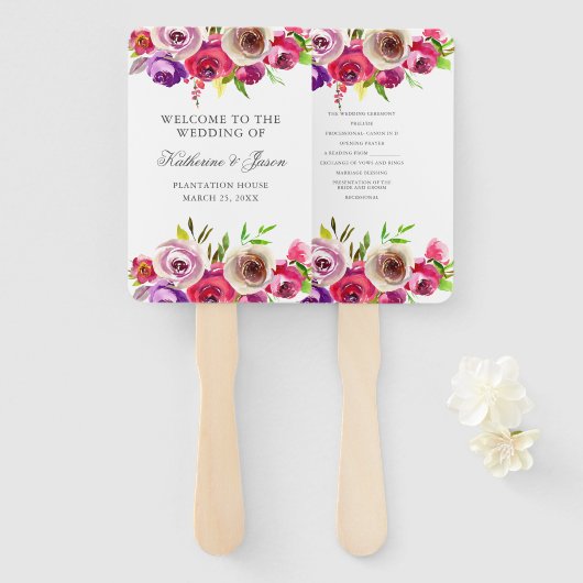 Fuchsia Pink Floral Romantischer Rose Hochzeit Fächer (Vorne und Hinten)