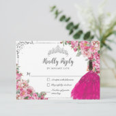 Fuchsia Pink Floral Silver Prinzessin Quinceanera RSVP Karte (Stehend Vorderseite)