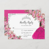 Fuchsia Pink Floral Silver Prinzessin Quinceanera RSVP Karte (Vorne/Hinten)