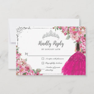 Fuchsia Pink Floral Silver Prinzessin Quinceanera RSVP Karte