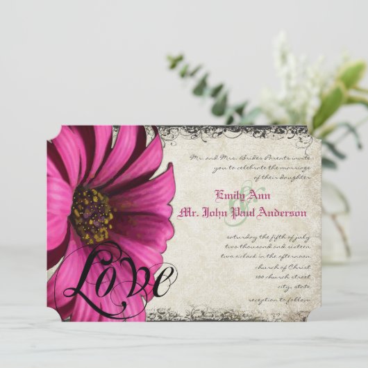 Fuchsia Pink Gerber Daisy Wedding Einladung (Stehend Vorderseite)