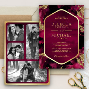 Fuchsia Pink Gold Abstrakt Fluid Ink Foto Hochzeit Einladung