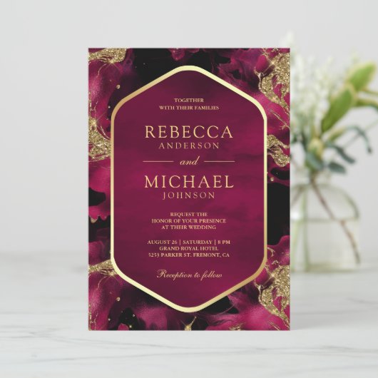 Fuchsia Pink Gold Abstrakt Fluid Ink Foto Hochzeit Einladung (Stehend Vorderseite)