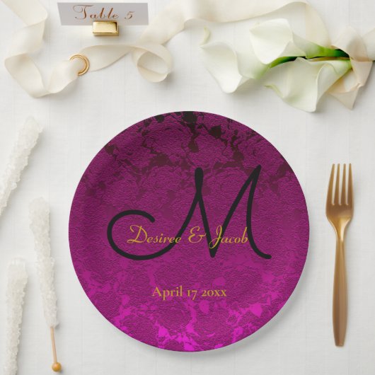 Fuchsia Pink Gold Black Elegant Wedding Monogram Pappteller (Hochzeit)
