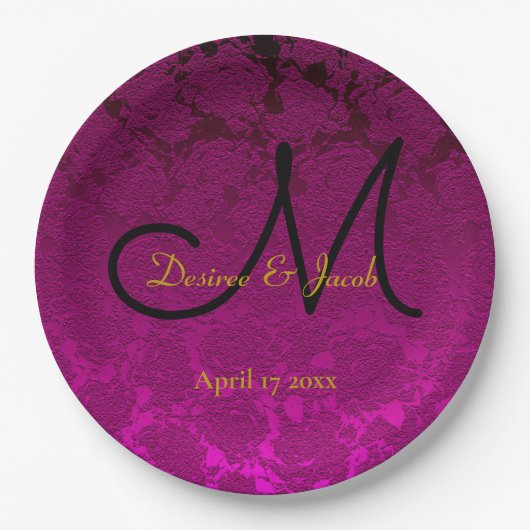 Fuchsia Pink Gold Black Elegant Wedding Monogram Pappteller (Vorderseite)