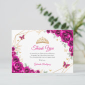 Fuchsia Pink Gold Floral Quinceanera Dankeskarte (Stehend Vorderseite)