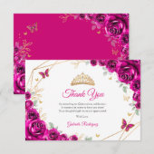 Fuchsia Pink Gold Floral Quinceanera Dankeskarte (Vorne/Hinten)