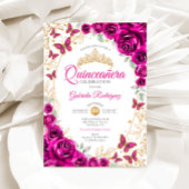 Fuchsia Pink Gold Floral Quinceanera Einladung