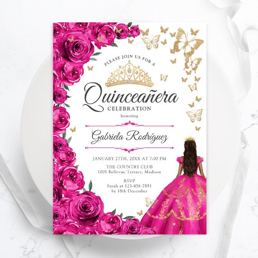 Fuchsia Pink Gold Floral Quinceanera Einladung