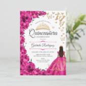 Fuchsia Pink Gold Floral Quinceanera Einladung (Stehend Vorderseite)