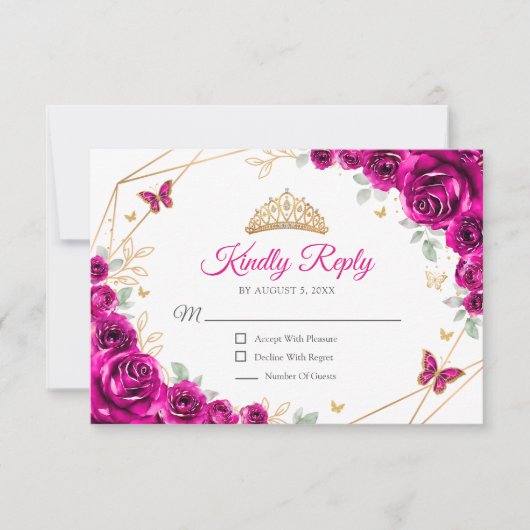 Fuchsia Pink Gold Floral Quinceanera Reply RSVP Karte (Vorderseite)