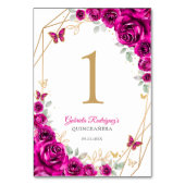 Fuchsia Pink Gold Floral Quinceanera Tischnummer (Rückseite)