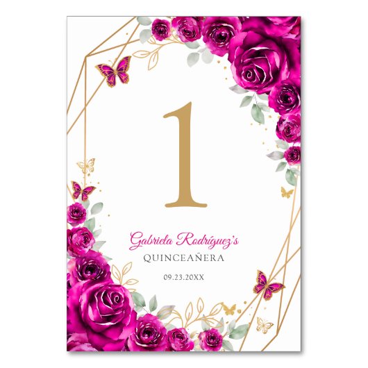 Fuchsia Pink Gold Floral Quinceanera Tischnummer (Vorderseite)