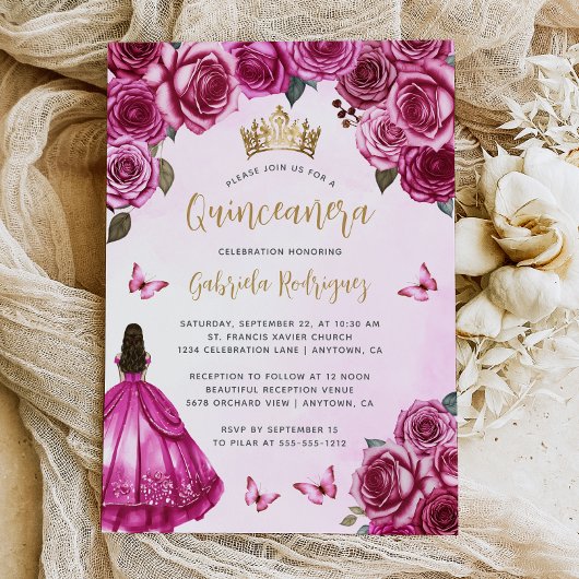 Fuchsia Pink Gold Floral Wasserfarbe Quinceñera Einladung