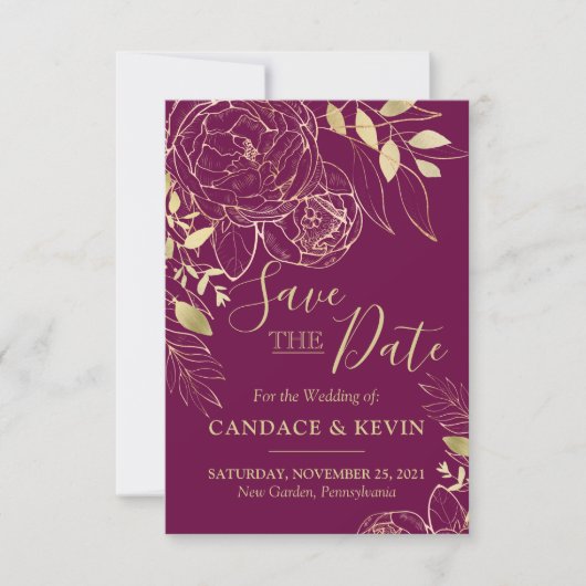 Fuchsia Pink & Gold Peony Moderne Blumenhochzeit Save The Date (Vorderseite)