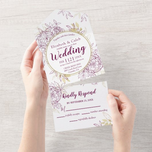 Fuchsia Pink & Gold Peony Toile All In One Einladung (Abreißen)