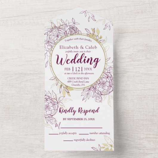 Fuchsia Pink & Gold Peony Toile All In One Einladung (Innen Boden)