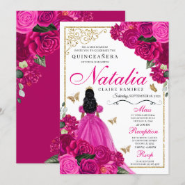 Fuchsia Pink Gold Prinzessin Butterfells Quinceañe Einladung