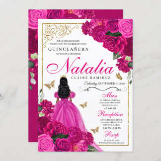 Fuchsia Pink Gold Prinzessin Butterfells Quinceañe Einladung