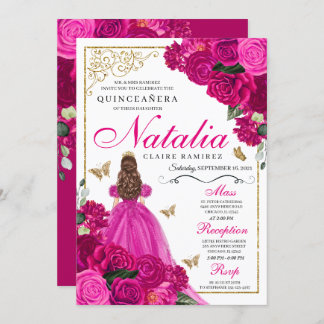 Fuchsia Pink Gold Prinzessin Butterfells Quinceañe Einladung