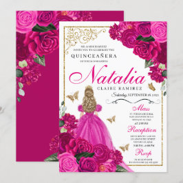 Fuchsia Pink Gold Prinzessin Butterfells Quinceañe Einladung