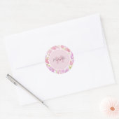 Fuchsia Pink Green Watercolor Blume Monogram Runder Aufkleber (Umschlag)