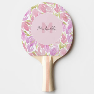 Fuchsia Pink Lila Aquarellblume Monogramm Tischtennis Schläger
