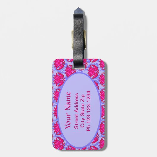 Fuchsia Pink Lila Art Nouveau Damask Monogramm Gepäckanhänger (Rückseite vertikal)