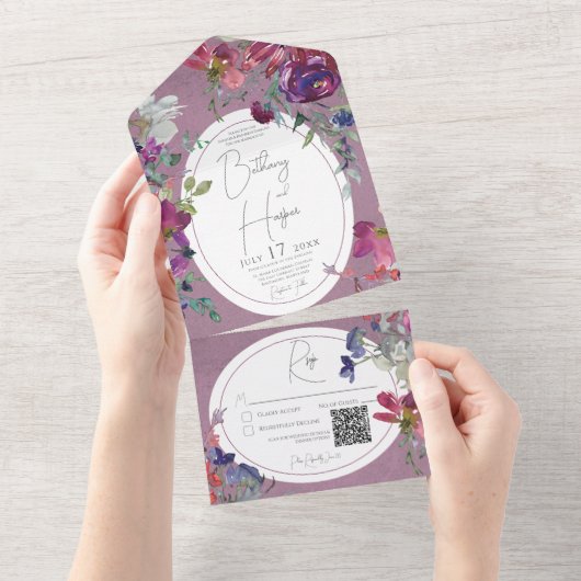 Fuchsia Pink & Lila Boho Floral QR Code All In One Einladung (Abreißen)