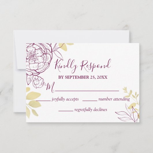 Fuchsia Pink Lila & Gold Peony Floral Wedding RSVP Karte (Vorderseite)