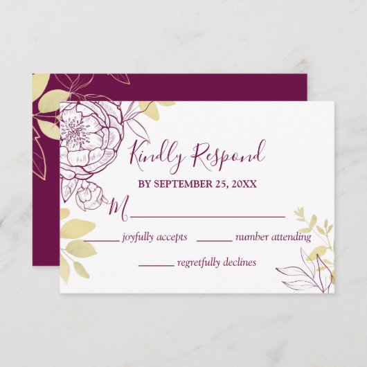 Fuchsia Pink Lila & Gold Peony Floral Wedding RSVP Karte (Vorne/Hinten)
