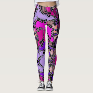 Fuchsia Pink Lila Lavendel Black Blätter Abstrakt Leggings