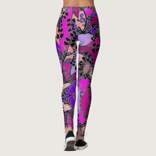 Fuchsia Pink Lila Lavendel Black Blätter Abstrakt Leggings (Rückseite)