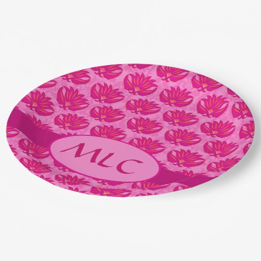 Fuchsia Pink Moderne Jugendstildamaske Monogramm Pappteller (Schrägansicht)