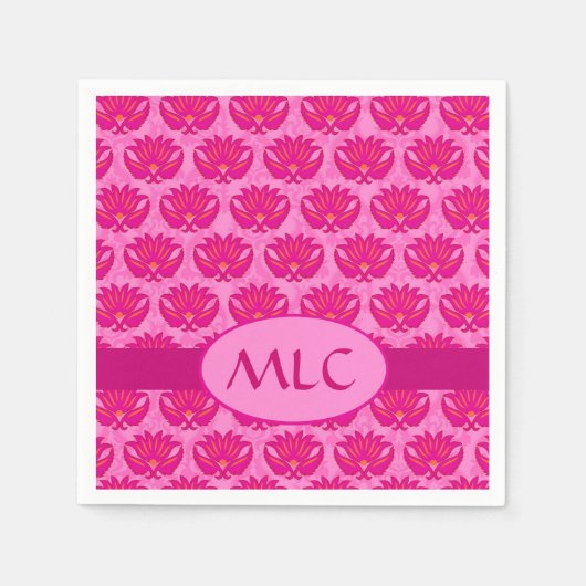 Fuchsia Pink Moderne Jugendstildamaske Monogramm Serviette (Vorderseite)