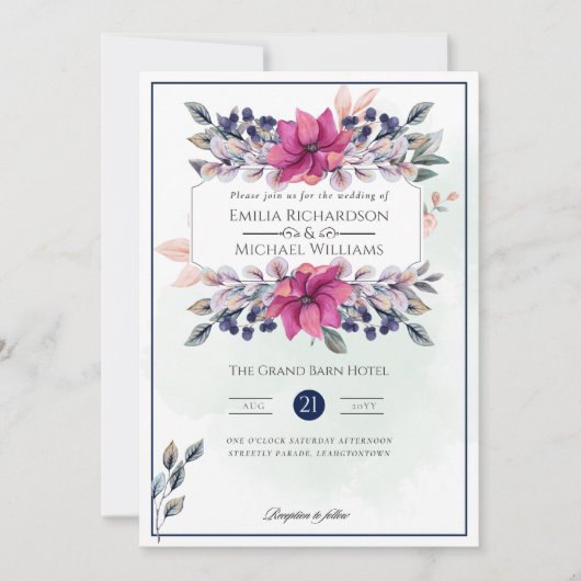 Fuchsia Pink Navy Blue Floral Chic Hochzeit Einladung (Vorderseite)