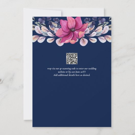 Fuchsia Pink Navy Blue Floral Chic Hochzeit Einladung (Rückseite)