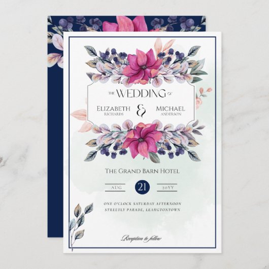 Fuchsia Pink Navy Blue Floral Chic Hochzeit Einladung (Vorne/Hinten)