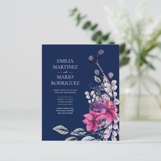 Fuchsia Pink Navy Blue Floral Wedding Budget (Stehend Vorderseite)