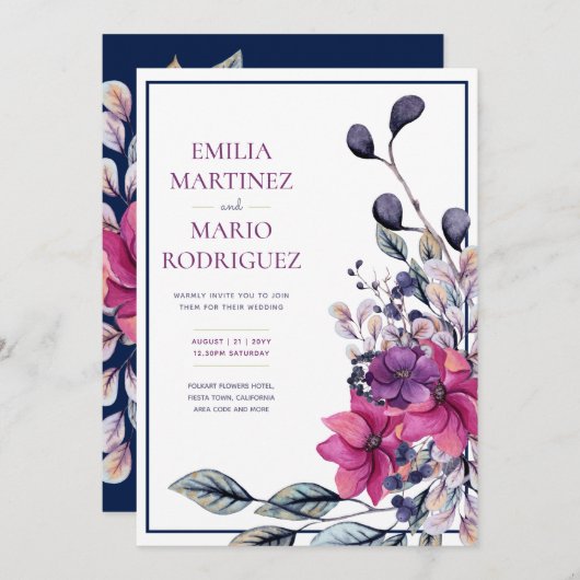 Fuchsia Pink Navy Blue Floral Wedding Einladung (Vorne/Hinten)