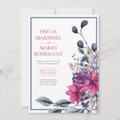 Fuchsia Pink Navy Blue Floral Wedding Einladung (Vorderseite)