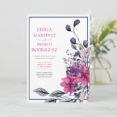 Fuchsia Pink Navy Blue Floral Wedding Einladung (Stehend Vorderseite)