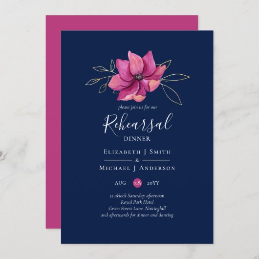 Fuchsia Pink Navy Blue Probe Dinner Einladung (Vorne/Hinten)