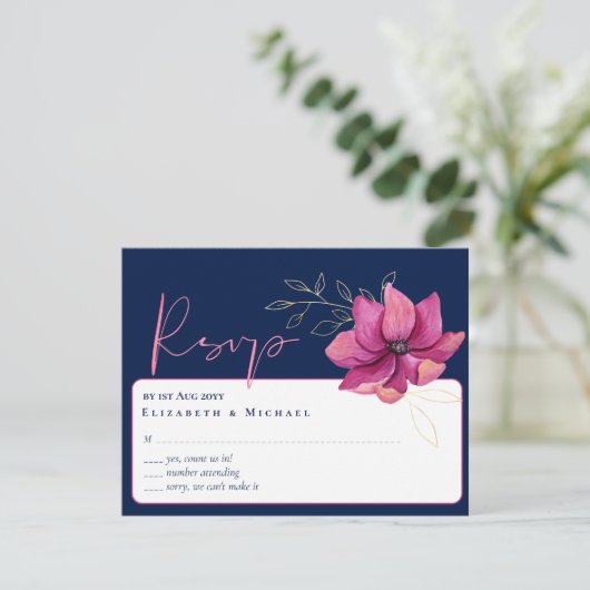 Fuchsia Pink Navy Blue Wedding RSVP Einladung (Stehend Vorderseite)