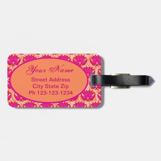 Fuchsia Pink Orange Art Nouveau Damask Monogramm Gepäckanhänger (Rückseite horizontal)