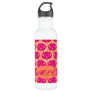 Fuchsia Pink Orange Art Nouveau Damask Monogramm Trinkflasche