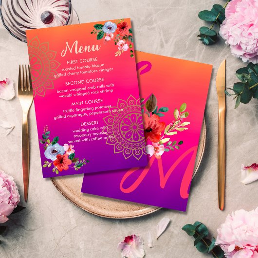 Fuchsia Pink Orange Bright Bold Floral Wedding Menükarte